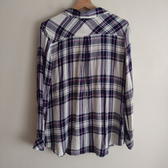 Rails Hunter Plaid Top L White Navy Rayon Flannel Lightweight Button Front Shirt - Picture 8 of 12